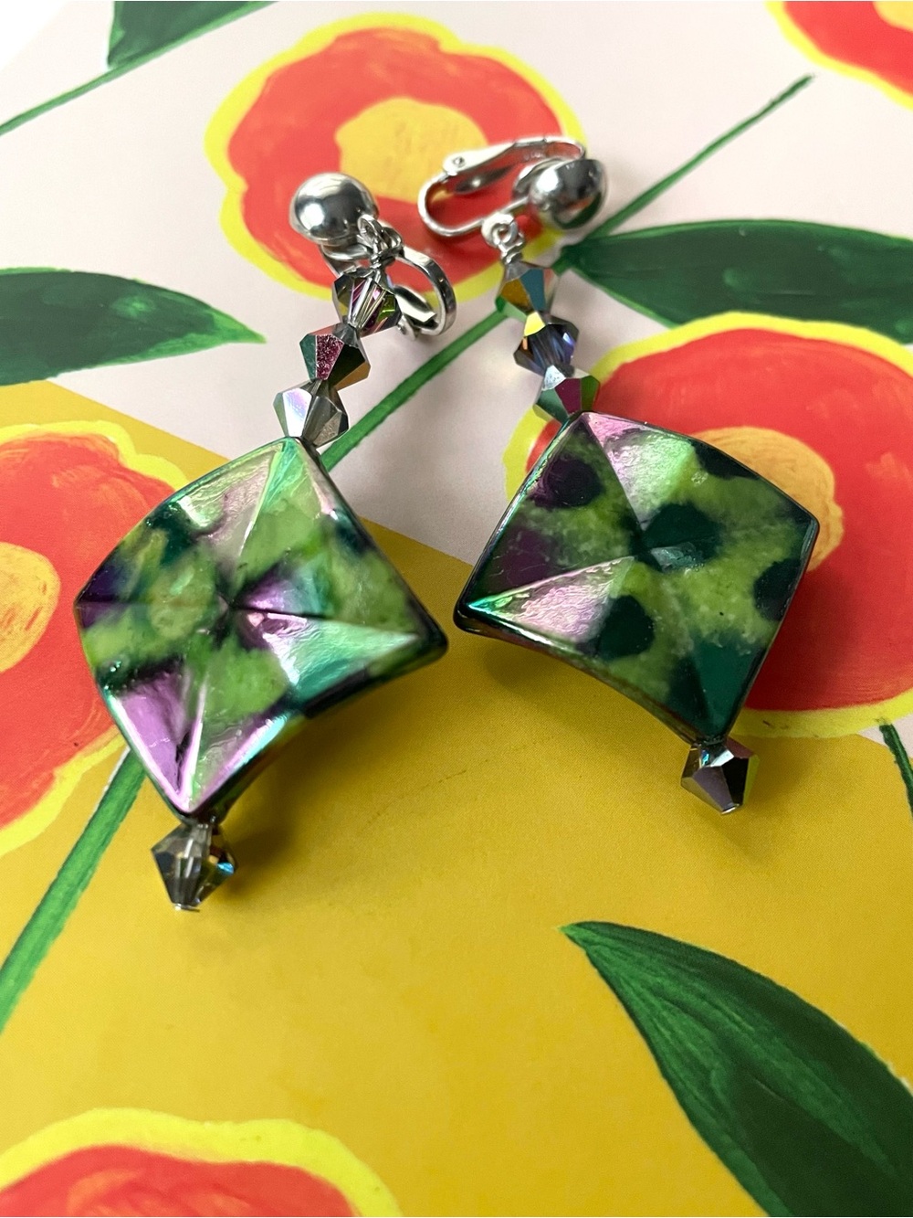 Vintage iridescent purple & green beaded dangle clip-on earrings
